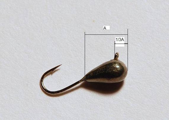 В мормышках с напаянным крючком ушко должно находиться на одной трети от задней части мормышки